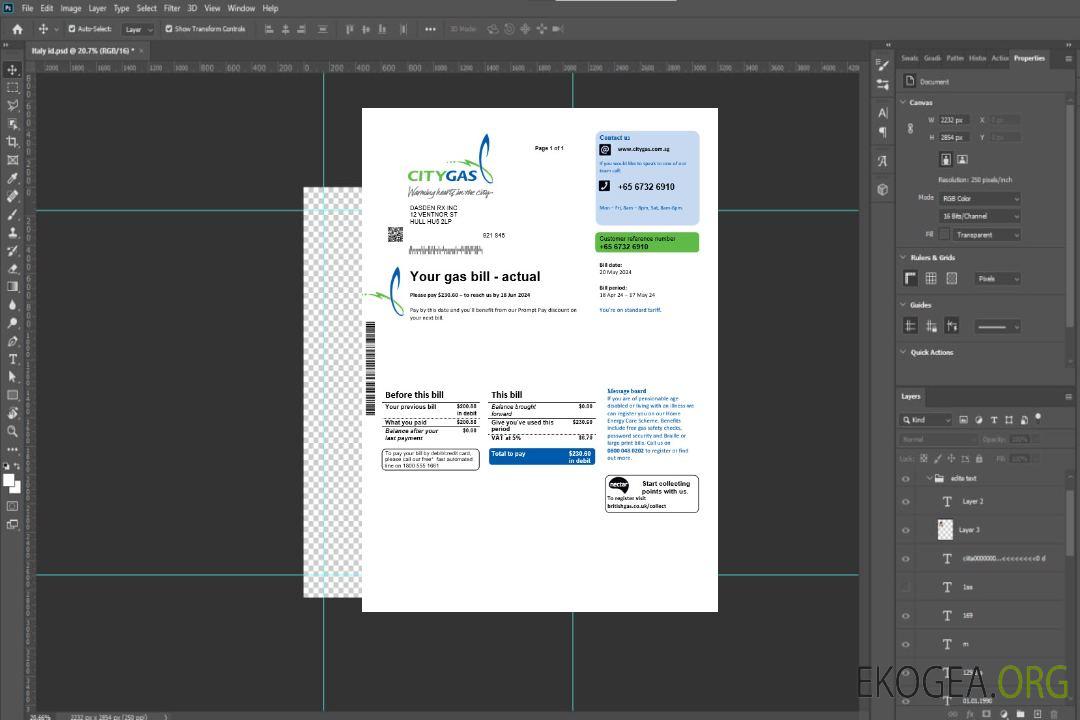 Modèle de facture de services publics de Singapore City Gas, entièrement modifiable aux formats PSD template Modèle de facture de services publics de Singapore City Gas, entièrement modifiable aux formats PSD template